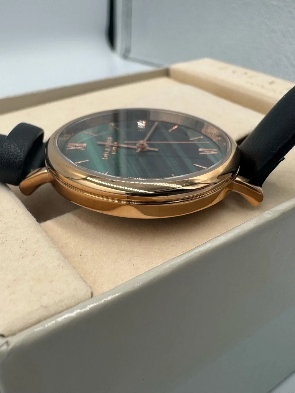 Beautiful Lola Rose Green Dial/ Rose Gold Roman Numeral & black leather strap